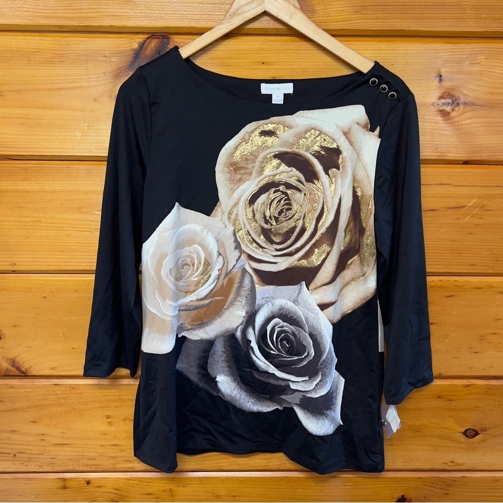 NWT Charter Club Black Women’s Boat Neck Golden Floral 3/4 Sleeve Blouse M